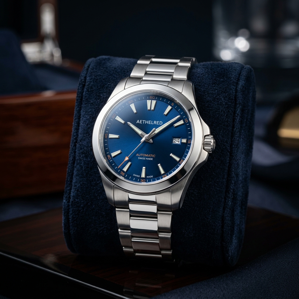 Luxury steel quartz watch on velvet cushion