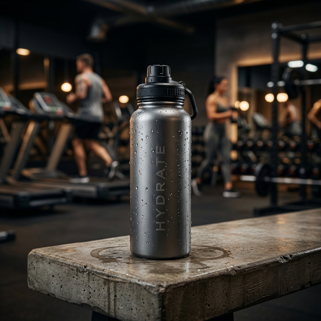 Metallic thermal water flask in gym background