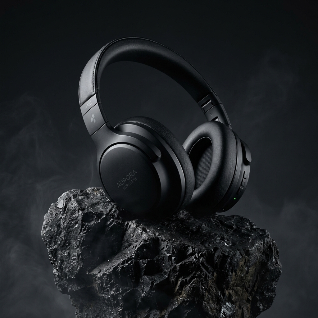 Wireless headphones shot on volcanic rock