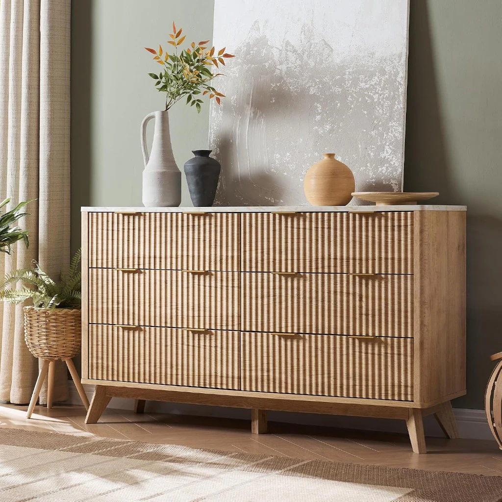T4TREAM 6 Drawers Fluted Dresser Low Profile Organizer Design