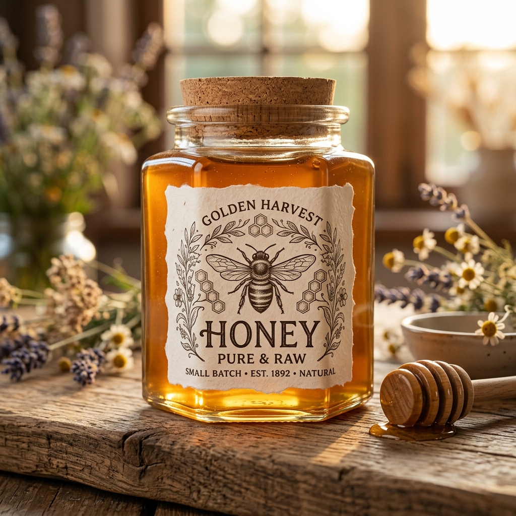 Hexagonal honey jar with vintage bee label